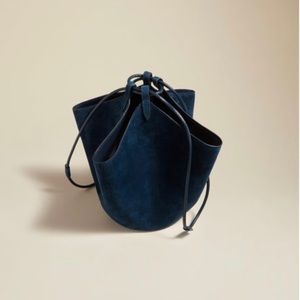 EUC Khaite Mini Lotus drawstring bag in Midnight Blue Suede